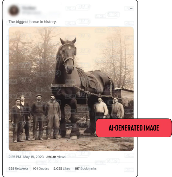 A tweet reads “the biggest horse in history” and features an image supposedly depicting a group of people standing around a giant horse. The News Literacy Project has added a label that says, “AI-GENERATED IMAGE.”