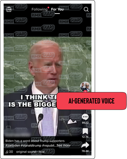 A TikTok post features a video of U.S. President Joe Biden appearing to call former President Donald Trump an idiot. The News Literacy Project has added a label that says, “AI-GENERATED VOICE.”