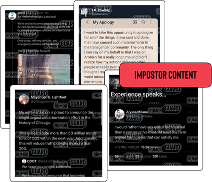 An image collage features screenshots of tweets supposedly posted by author J.K. Rowling, Chicago Mayor Lori Lightfoot, the Chicago Department of Transportation, and actress Alyssa Milano. The News Literacy Project added a label to these images, reading “IMPOSTOR CONTENT.”