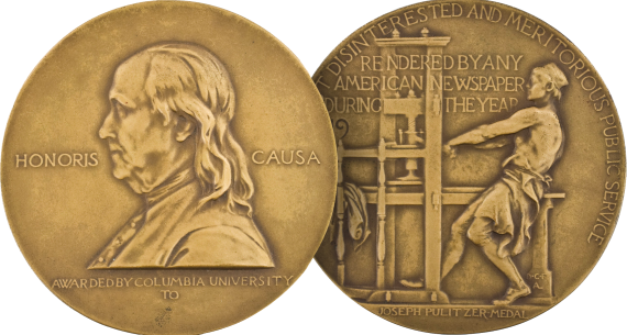 The front side of the Pulitzer Gold Medal shows a side profile of Benjamin Franklin, and the back side of the medal shows an unidentified man working a newspaper printer.