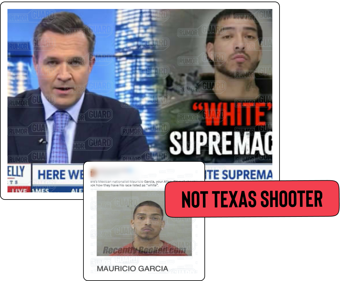 An image collage shows a screenshot from a Newsmax broadcast featuring a mug shot above the words “‘white’ supremacy” and a screenshot of a tweet that reads, “Here’s Mexican nationalist Mauricio Garcia, your Allen, TX mall shooter. Look how they have his race listed as ‘white.’” The tweet also features a mug shot. The News Literacy Project has added a label that says, “NOT TEXAS SHOOTER.”