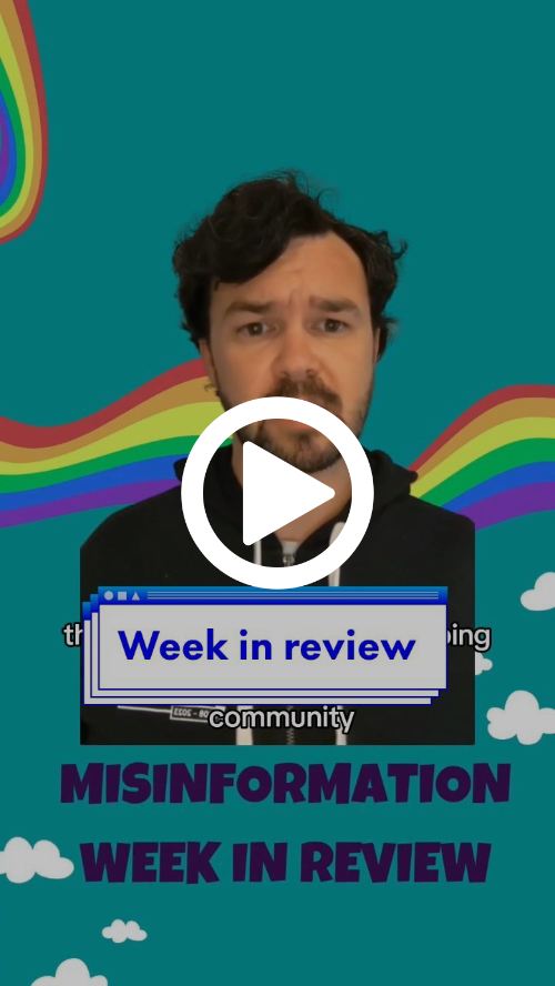 Dan Evon of the News Literacy Project discusses LGBTQ+ misinformation in an image of a TikTok video with rainbows and clouds behind him.
