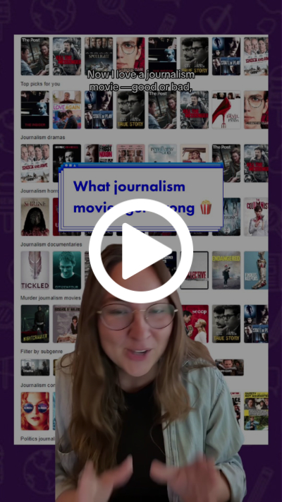 Rows of movie images behind Alexa Volland of the News Literacy Project with a label above her that says “What journalism movies got wrong.”