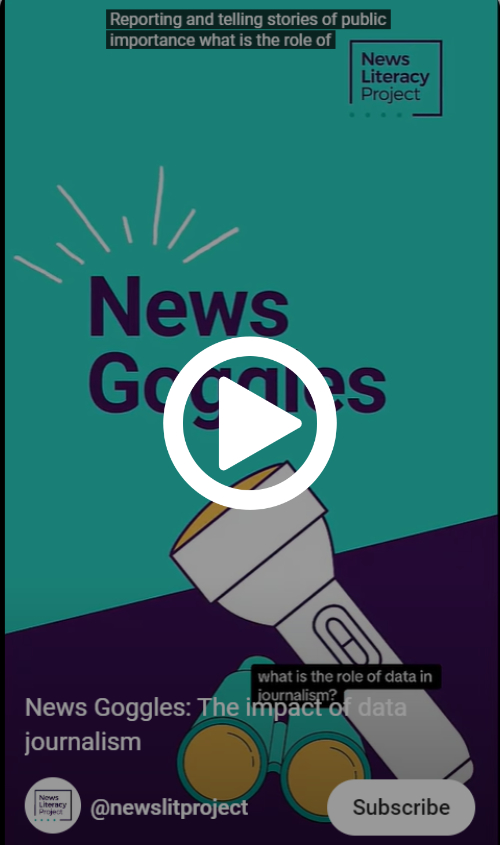 A News Literacy Project YouTube Shorts video displays the words “News Goggles” above a flashlight and a pair of binoculars.