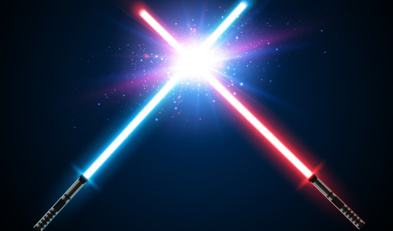 Two Crossed Light Swords Fight. Blue and Red Crossing Lasers.