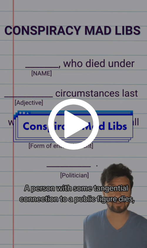 A still of a TikTok video features the News Literacy Project’s Dan Evon in front of a notebook with fill-in-the-blank text and a label that reads “Conspiracy Mad Libs.”