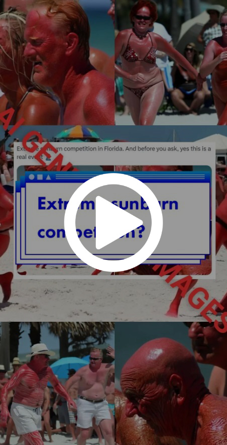 A still of a TikTok video features AI-generated images of sunburned people outdoors and a label by the News Literacy Project that reads “Extreme sunburn competition?”