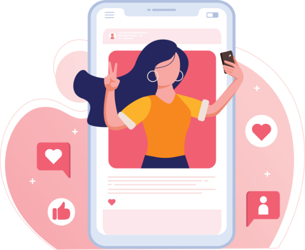 An illustration of a woman influencer inside a smartphone screen holding a smartphone with hearts and thumbs-up icons in the background.