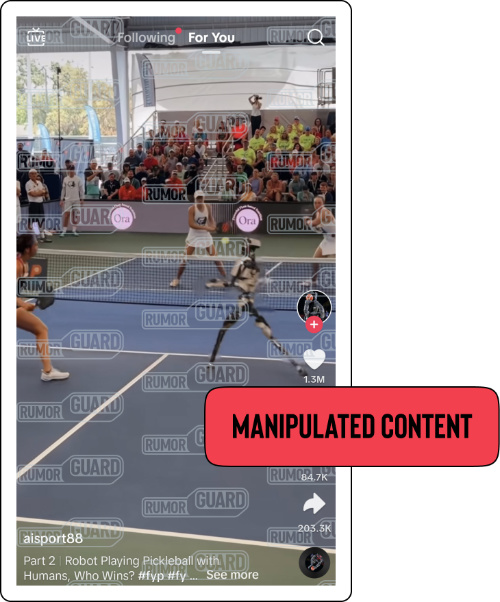 A screenshot of a TikTok video showing three people and a robot playing pickleball was shared with the caption, “Robot Playing Pickleball with Humans, Who Wins?” The News Literacy Project has added a label that says, “MANIPULATED CONTENT.”