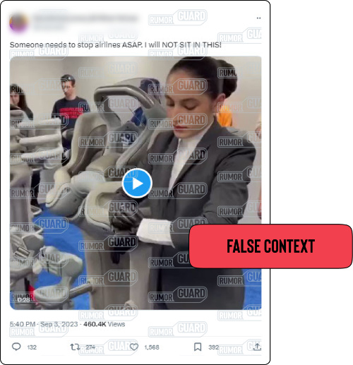 A tweet reads “Someone needs to stop airlines ASAP. I will NOT SIT IN THIS!” and features a video of a woman hoisting herself up into an unusual chairlike device and then spinning upside down. The News Literacy Project has added a label that says, “FALSE CONTEXT.”