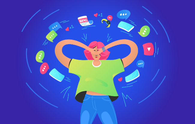 An illustration of a person placing their hands over their eyes as news and social media icons swirl around them.