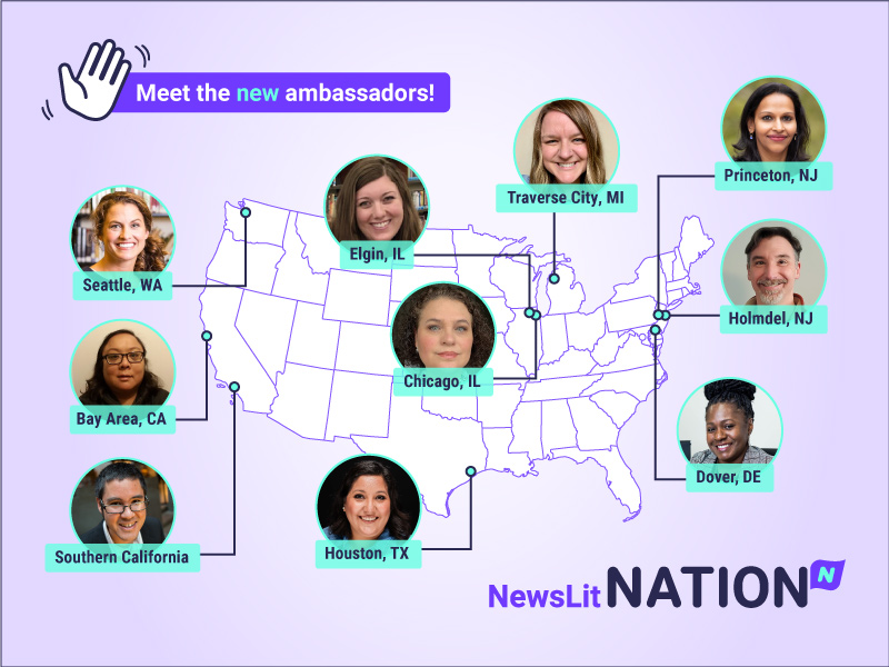Map of the U.S. with the pinned locations of this year's new NewsLitNation Ambassadors.