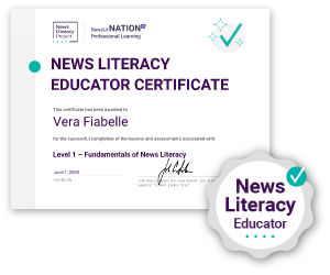 Example of a News Literacy Educator Certificate, with the badge overlaid in the bottom right corner.