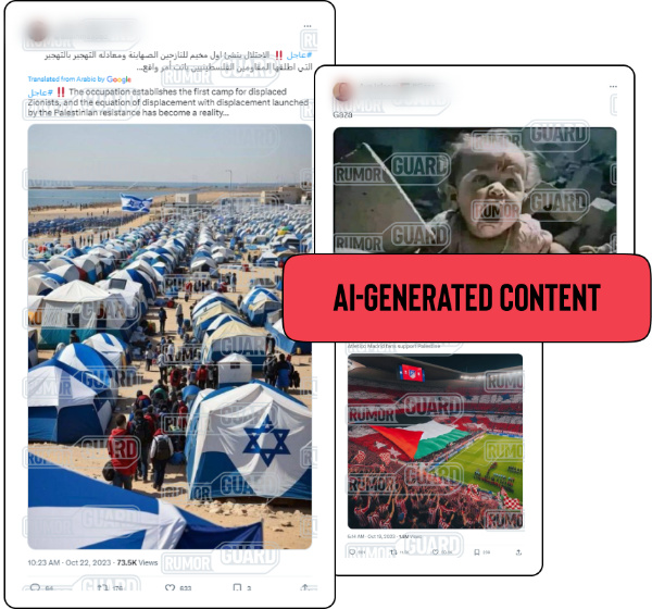 Screenshots show three posts from the social media network X that contain images of an Israeli tent city, a large Palestinian flag at a soccer game and a baby crying amid rubble, supposedly from the Israel-Hamas war in October 2023. The News Literacy Project has added a label that says, “AI-GENERATED CONTENT.”