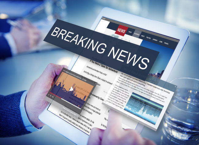 A handheld screen device shows articles and videos with a breaking news label floating over the device.