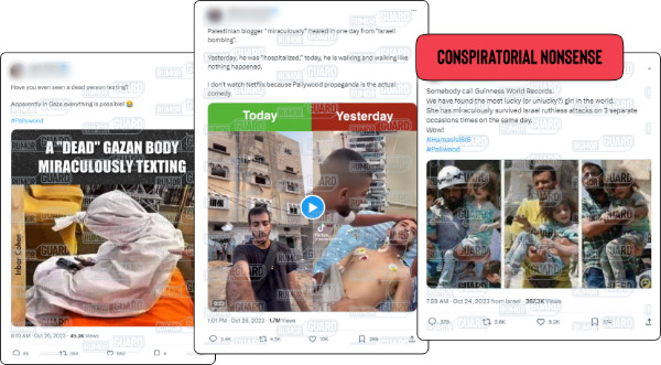 Screenshots of three social media posts claiming to present images of crisis actors during the Israel-Hamas war. The posts read “Have you even seen a dead person texting?” and “Palestinian blogger ‘miraculously’ healed in one day from ‘Israel bombing’” and “She has miraculously survived Israel ruthless attacks on 3 separate occasions times on the same day. Wow!” The News Literacy Project has added a label that says, “CONSPIRATORIAL NONSENSE.”