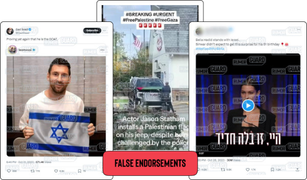 Three social media posts feature images supposedly showing celebrities voicing support for Israel or Palestine, including a doctored image of soccer star Lionel Messi holding an Israel flag, a misleading video of actor Jason Statham with a Palestinian flag on his car and a deepfake video of model Bella Hadid giving a speech in support of Israel. The News Literacy Project has added a label that says, “FALSE ENDORSEMENTS.”