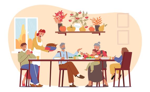 An illustration of six family members gathered around food at a table with gourds and autumn leaves for fall décor in the background.