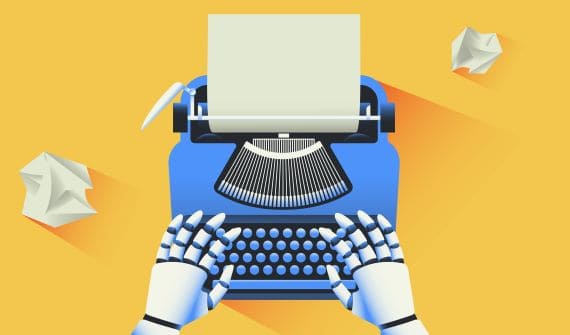An illustration of two robot hands hovering over a typewriter with wadded-up pieces of paper nearby.