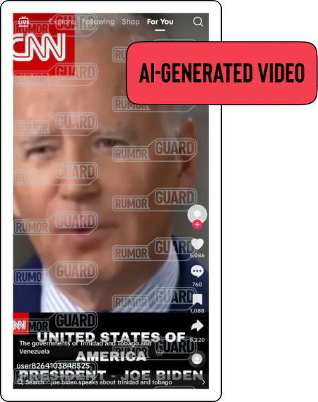 A screenshot of a TikTok video that appears to show a clip of a CNN broadcast in which U.S. President Joe Biden talks about oil smuggling in Venezuela and in Trinidad and Tobago. The News Literacy Project has added a label that says, “AI-GENERATED VIDEO.”