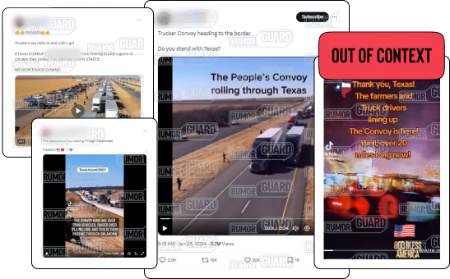 Four social media posts touting the size of a truck convoy in Texas in January and February 2024 feature different videos showing large numbers of trucks or farm equipment. The posts read, “Texas bound baby,” and “TEXAS!!! Truckers are rollin in and rollin up!!,” and “Thank you, Texas! The farmers and truck drivers lining up The Convoy is here!” and “The People’s Convoy Rolling through Texas.” The News Literacy Project has added a label that says “OUT OF CONTEXT.”