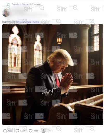 An AI-generated image of former President Donald Trump wearing a suit and praying in a church setting.