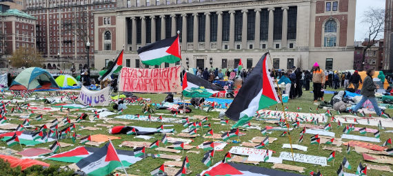 A photo of the Gaza solidarity encampment on the campus of Columbia University in April 2024.