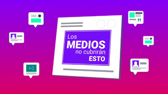An illustration of six small social media posts surrounding a large social media post that says in Spanish, “Los medios no cubrirán esto,” which translates to “The media won’t cover this.”