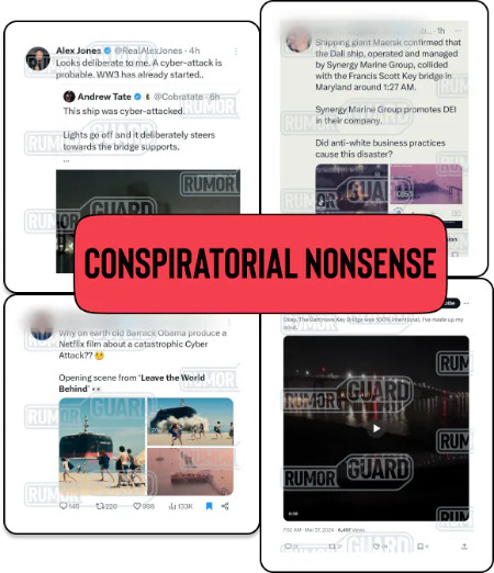 A collage of posts from X related to the collapse of the Francis Scott Key Bridge in Baltimore in March 2024, including one from conspiracy theorist Alex Jones that says “Looks deliberate to me. A cyber-attack is probable. WW3 has already started”; another post that reads “Why on earth did Barack Obama produce a Netflix film about a catastrophic Cyber Attack?” and includes a scene from the movie of an oil tanker crashing
into a beach; another post that asks, “Did anti-white business practices cause this disaster?”; and a post that reads “The Baltimore Key Bridge was 100% intentional. I’ve made up my mind.” The News Literacy Project has added the label “CONSPIRATORIAL NONSENSE.”
