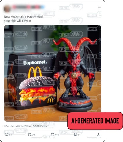 A post on X reads, “New McDonald’s Happy Meal Your kids will LoVe it” and features an image showing the word “Baphomet” on a what appears to be a Happy Meal box next to a red and black figurine of a horned beast with wings. The News Literacy Project has added a label that says, “AI-GENERATED IMAGE.”