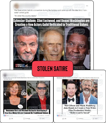 A collage of three Facebook posts features screenshots of blog posts that include photographs of Sylvester Stallone, Clint Eastwood, Denzel Washington, Roseanne Barr, Michael Richards, Mark Wahlberg and Mel Gibson, along with headlines claiming that these celebrities opened “non-woke” entertainment businesses that would focus on “traditional values.” The News Literacy Project has added a label that says, “STOLEN SATIRE.”