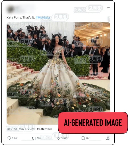 An X post reads, “Katy Perry. That’s it. #MetGala,” and features an image that appears to show singer Katy Perry in an elaborate floral dress at the 2024 Met Gala. The News Literacy Project has added a label that says, “AI-GENERATED IMAGE.”