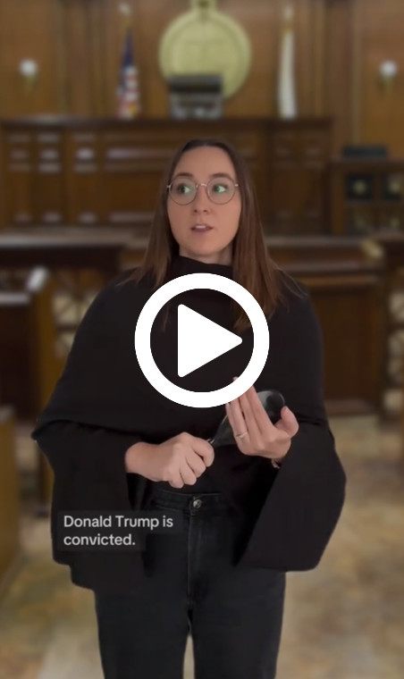 Alexa Volland, senior manager of multimedia content at the News Literacy Project, with an image of a courtroom behind her. Text on screen says, “Donald Trump is convicted.”