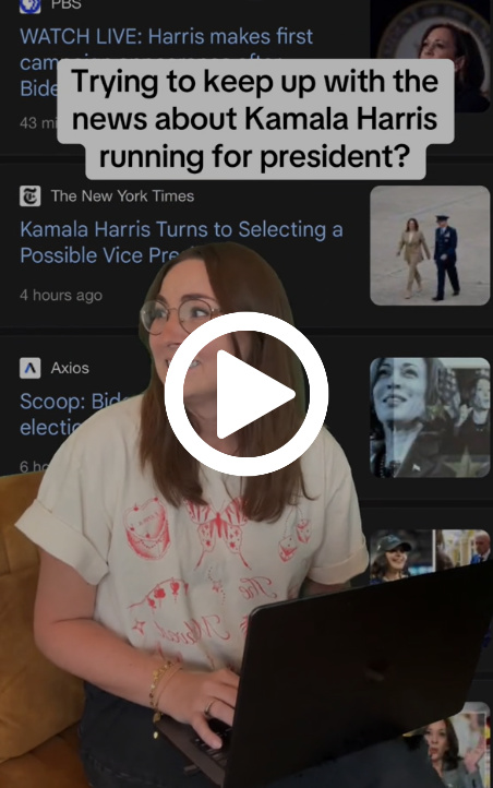 Alexa Volland, Senior Manager of Multimedia Content at the News Literacy Project, sits in a chair with her laptop surrounded by news headlines and small images of Vice President Kamala Harris in the background. A text bubble says, “Trying to keep up with the news about Kamala Harris running for president?”