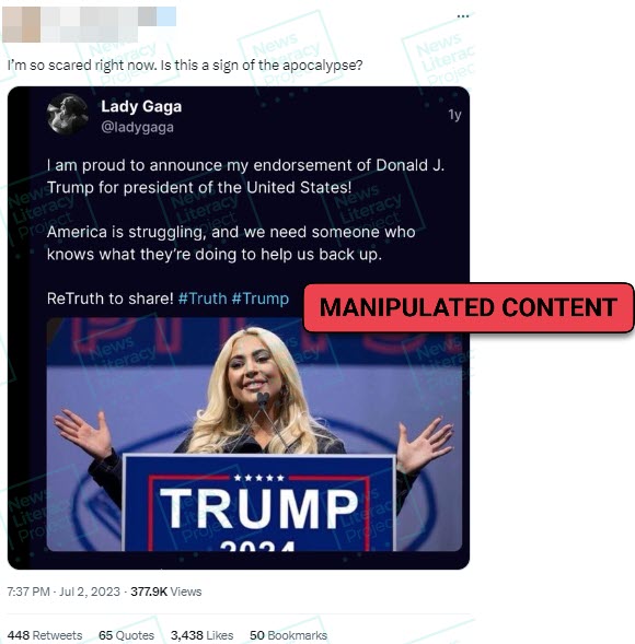 A screengrab of an Instagram post dated July 2, 2023 showing Lady Gaga behind a podium that reads “Trump,” beneath a “Manipulated content” label indicating that the image is not genuine.