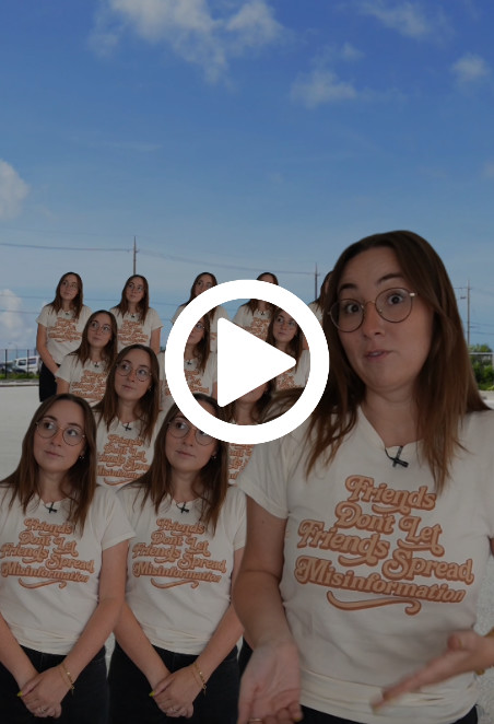 Alexa Volland, Video Producer at the News Literacy Project, stands in front of a crowd of a dozen versions of herself.