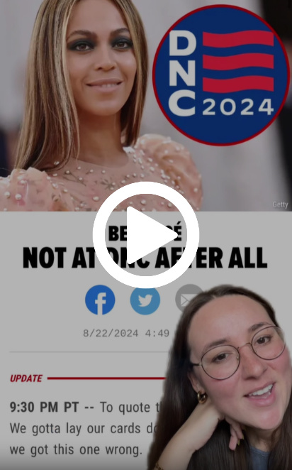 Alexa Volland, Video Producer at the News Literacy Project, with her head leaning on her hand and a TMZ article in the background. The article has a headline that reads: “BEYONCE NOT AT DNC AFTER ALL” and includes an image of singer Beyoncé next to the logo of the 2024 Democratic National Convention.