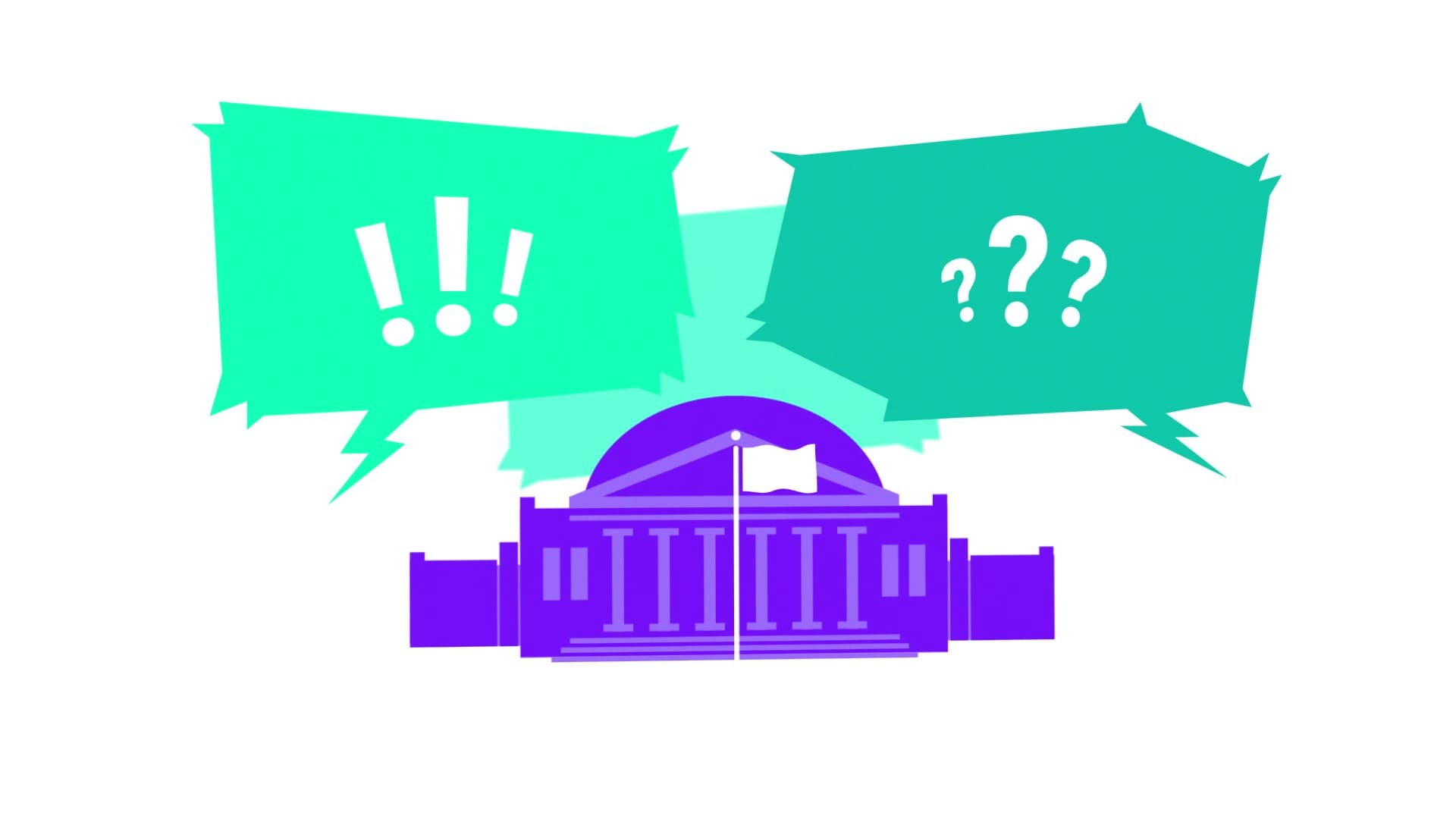 An illustration of a government building with thought bubbles above it; one with three exclamation points and the other with three question marks.