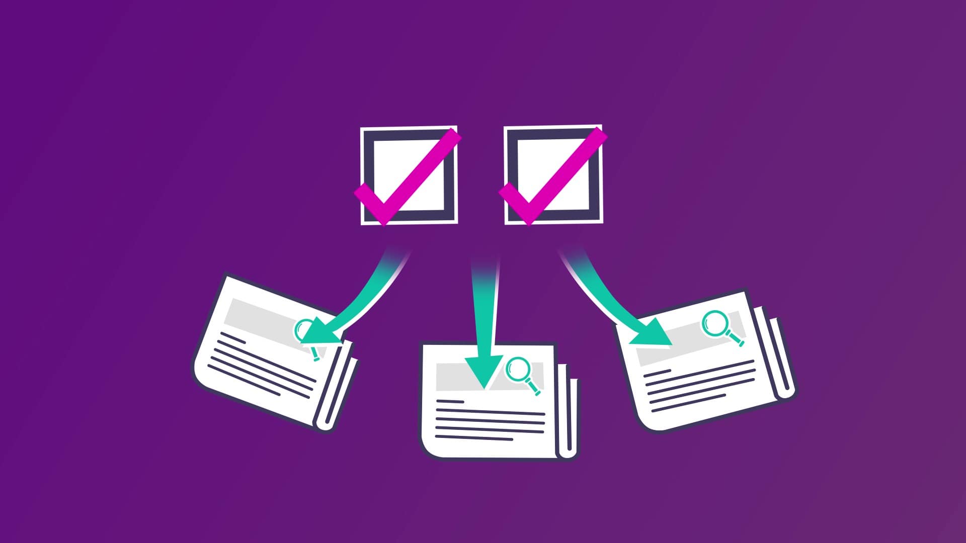 An illustration of two checkmarks in a box with three arrows under them pointing to three newspapers below.