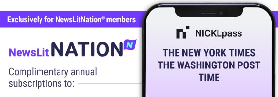 A News Literacy project banner ad encourages readers to join NewsLitNation for exclusive access to a NICKLpass account and complimentary annual subscriptions to The New York Times, The Washington Post and Time.