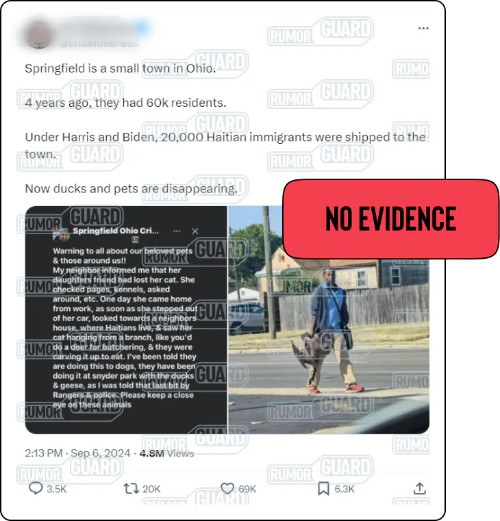 A post on X reads, “Springfield is a small town in Ohio. 4 years ago, they had 60k residents. Under Harris and Biden, 20,000 Haitian immigrants were shipped to the town. Now ducks and pets are disappearing.” It includes an image of a Black man carrying a goose carcass while walking down what appears to be a residential street. The News Literacy Project has added the label, “NO EVIDENCE.”