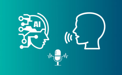 An illustration of an AI bot head facing a microphone while a human head talks into the same microphone.