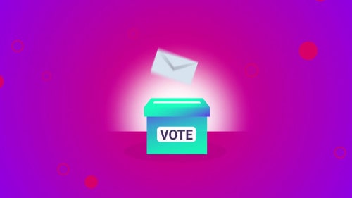 An illustration of a ballot box labeled VOTE with an envelope floating above it.