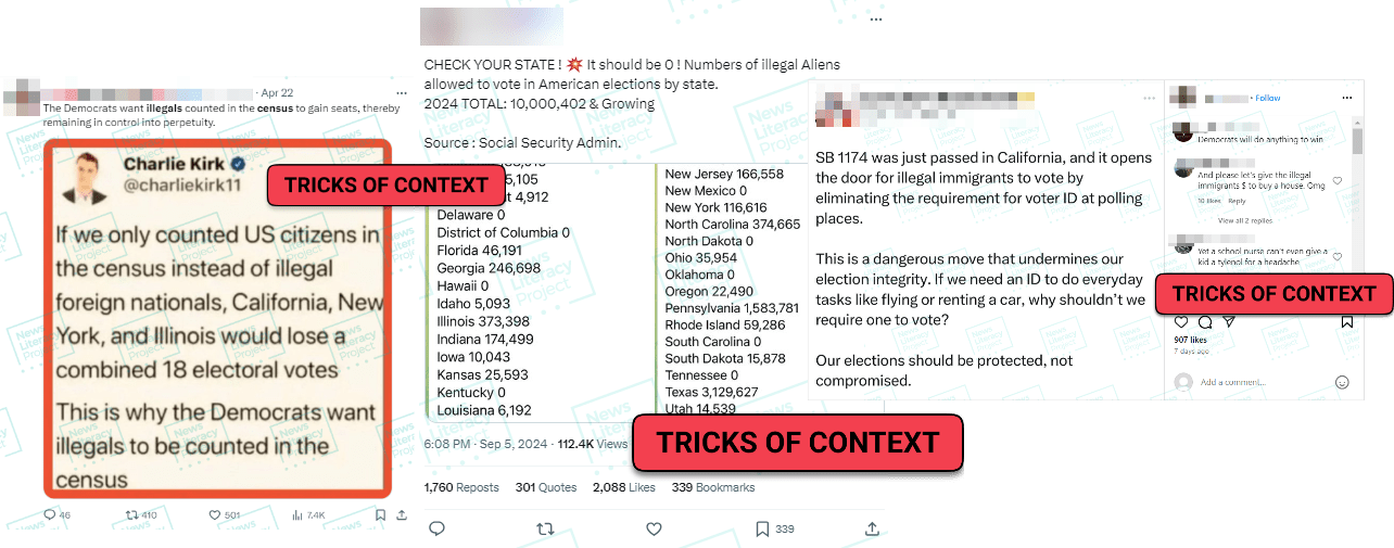 Composite of social media posts falsely claiming that illegal immigrants are counted in the U.S. census and allowed to vote in American elections. Each post is overlaid with red labels that say 'TRICKS OF CONTEXT,' highlighting misinformation. The posts feature misleading claims about electoral votes and immigration policies, accompanied by misleading statistics and political rhetoric.