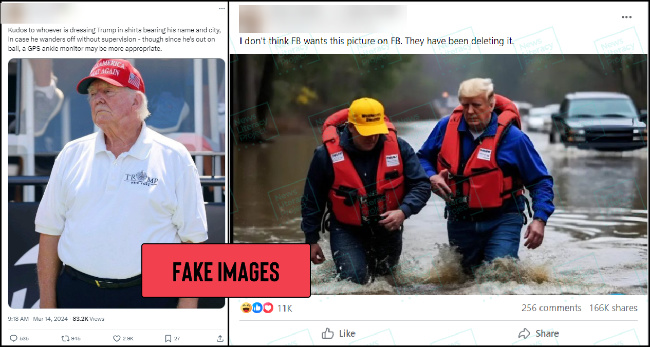 Two side-by-side social media posts showing digitally altered images of Donald Trump. The left image shows Trump wearing a 'Make America Great Again' hat and a polo shirt with his name on it, accompanied by a sarcastic comment about him wandering off without supervision. The right image shows Trump in a life vest walking through floodwaters with another person, captioned with a claim that Facebook has been deleting the photo. Both images are overlaid with a red label that says 'FAKE IMAGES,' indicating they have been manipulated.