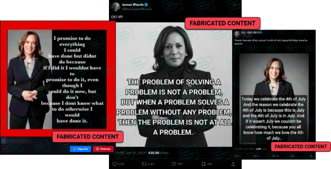 Three side-by-side social media posts featuring manipulated quotes attributed to Kamala Harris. Each post shows an image of Harris alongside nonsensical or confusing statements she supposedly made. The quotes are overlaid on her images and include phrases that seem to mock her speaking style. The posts are labeled with red banners that say 'FABRICATED CONTENT,' indicating that the quotes are fake and meant to mislead.