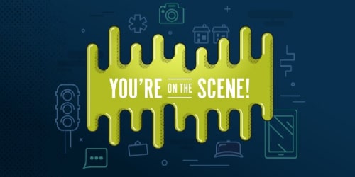 The words “You’re on the scene!” are placed over green slime with a dark background that has icons of images such as a street sign, a camera, an asterisk, houses and a quote bubble.