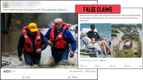 A collage of two social media posts. The first reads, “I don’t think FB wants this picture on FB. They have been deleting it,” and shows an AI-generated image of former President Donald Trump walking through floodwaters. The second post reads, “How would the media have reacted if President Trump had been sitting on the beach while towns all over America were being wiped out by a hurricane?” and shows an image of President Joe Biden on a beach next to a second image of a flooded town. The News Literacy Project has added a label that says “FALSE CLAIMS.”