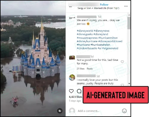 A social media post reads, “We aren’t crying, you are… okay we are too” and includes several hashtags, including #ai. The post also features a fabricated image that shows floodwaters surrounding a castle at Walt Disney World in Florida. The News Literacy Project has added the label “AI-GENERATED IMAGE.” 