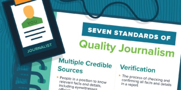 An illustration of a press pass in front of a notebook that says “Seven Standards of Quality Journalism” at the top of the page.